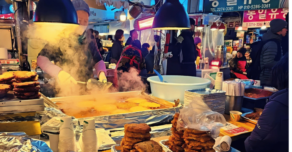 Crispy mung bean pancake bindaetteok at Seoul Gwangjang Market