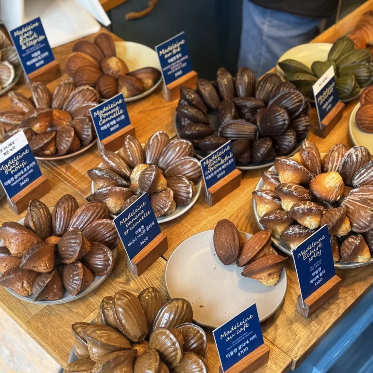 Dozens of glazed madeleine flavors on display at Etoile Garosugil in Seoul