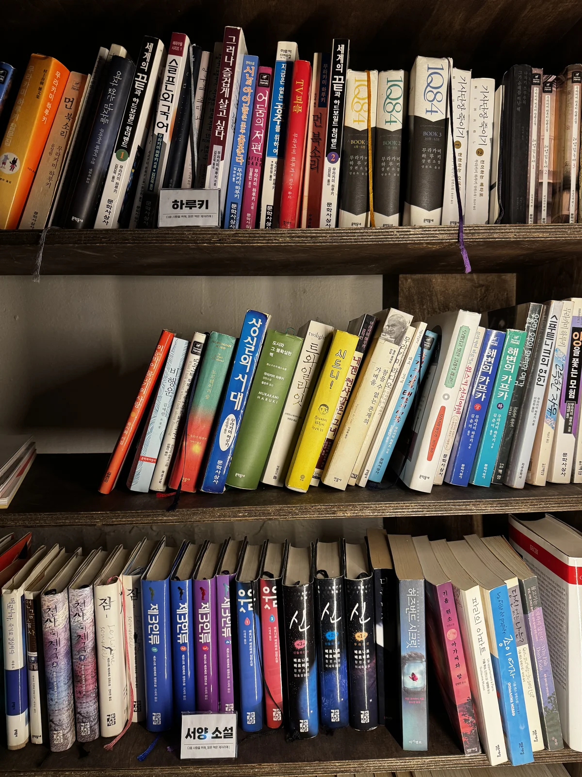 Murakami novels fill a dedicated shelf inside Jeokon's small bookstore corner