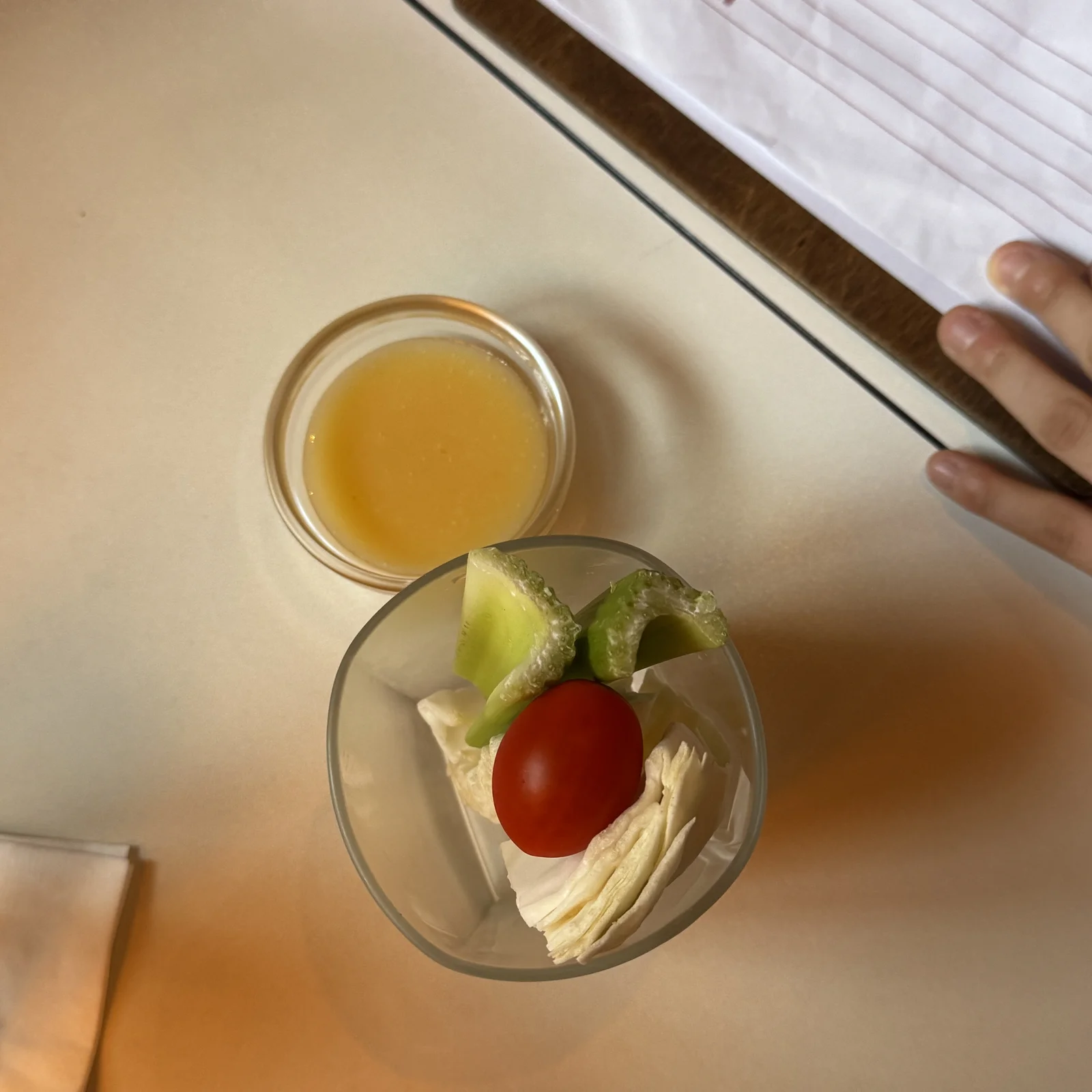 Complimentary welcome dish of fresh vegetables with sweet garlic cream dip